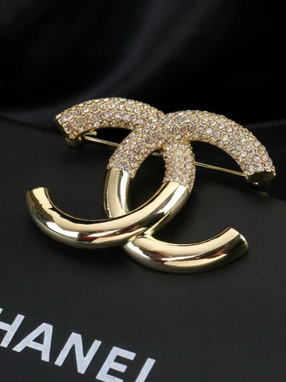 Chanel Gold-Tone Crystal Interlocking CC Logo Brooch